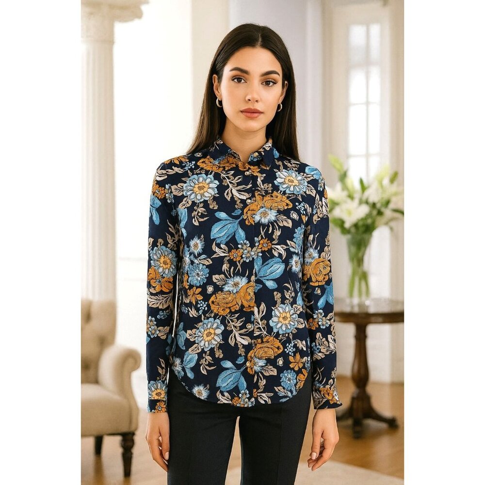 H&M Conscious 2 Shirt Women's Long Sleeve Floral Button-Up Lightweight Sheer Top